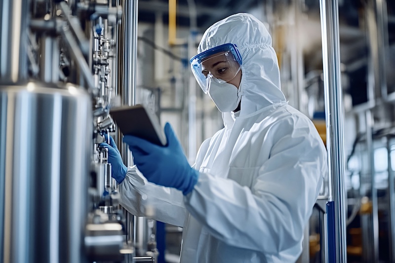 Scientist using digital tablet while working in factory